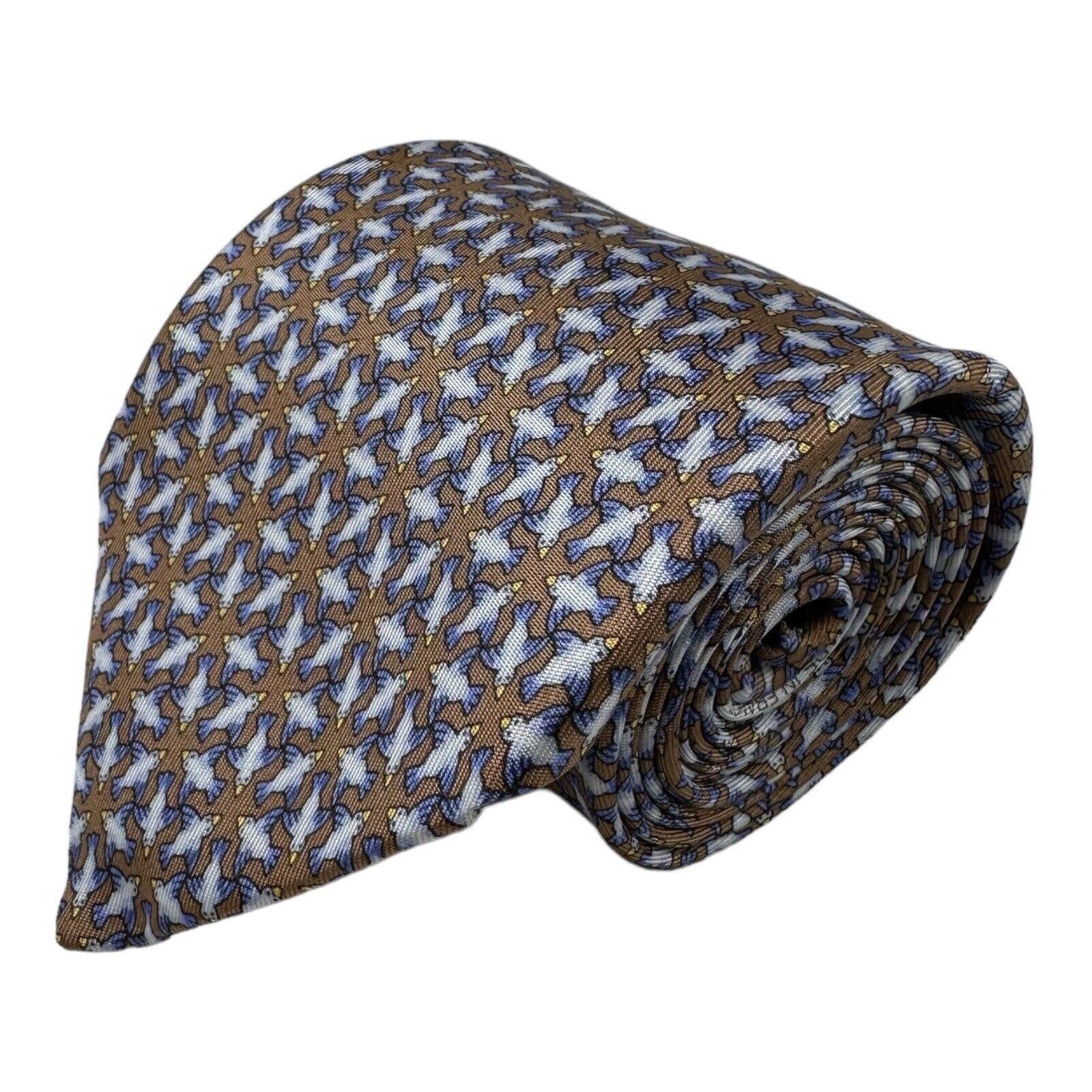 Hermes 5299 Ta Brown Blue Dove Print Mens Pure Silk Tie 375 Inch Mint